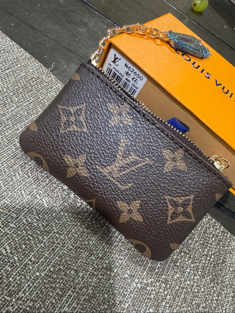 Brown Monogram Canvas Key & Card Pouch with Gold Chain